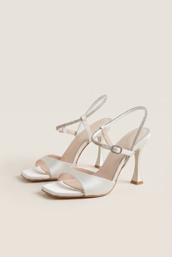 Sandálias de salto agulha com strass - Branco Pérola