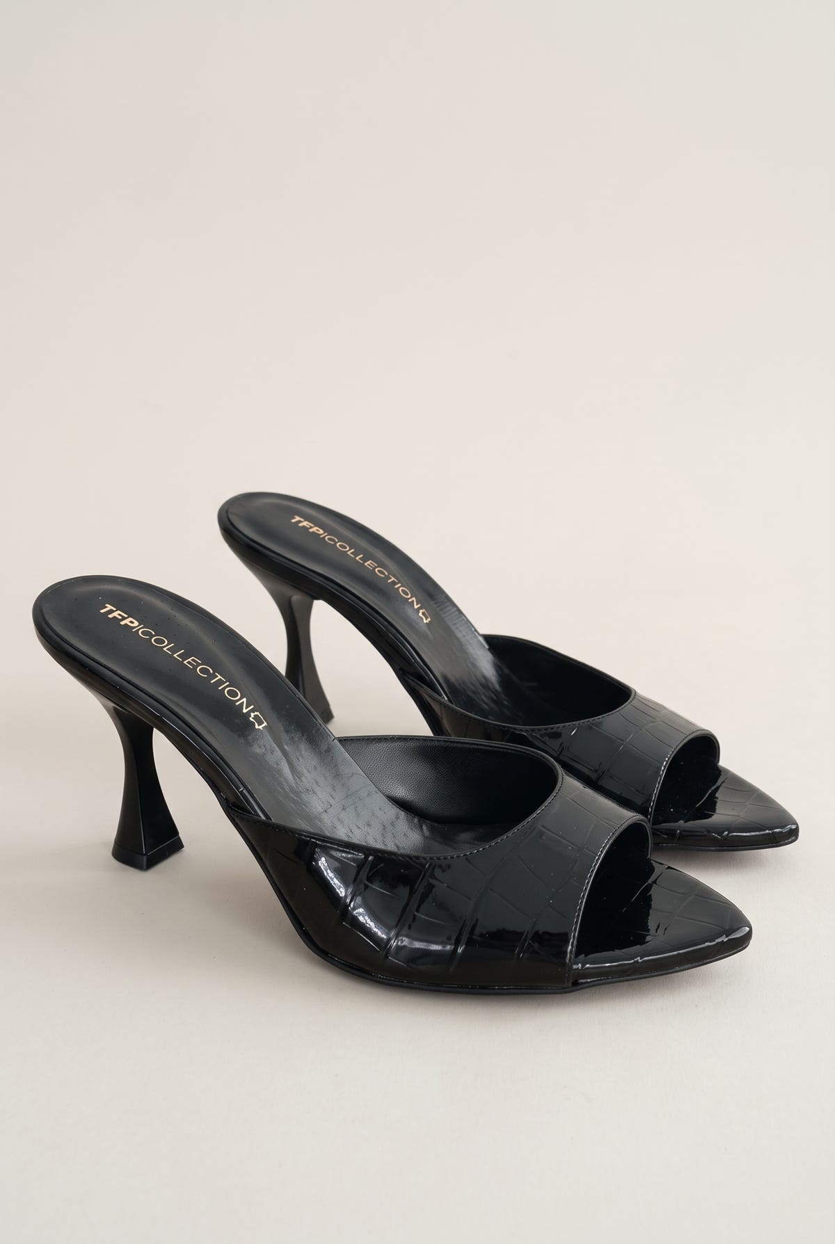 Stiletto Heel Mules Croc Patent - Black Croc Patent