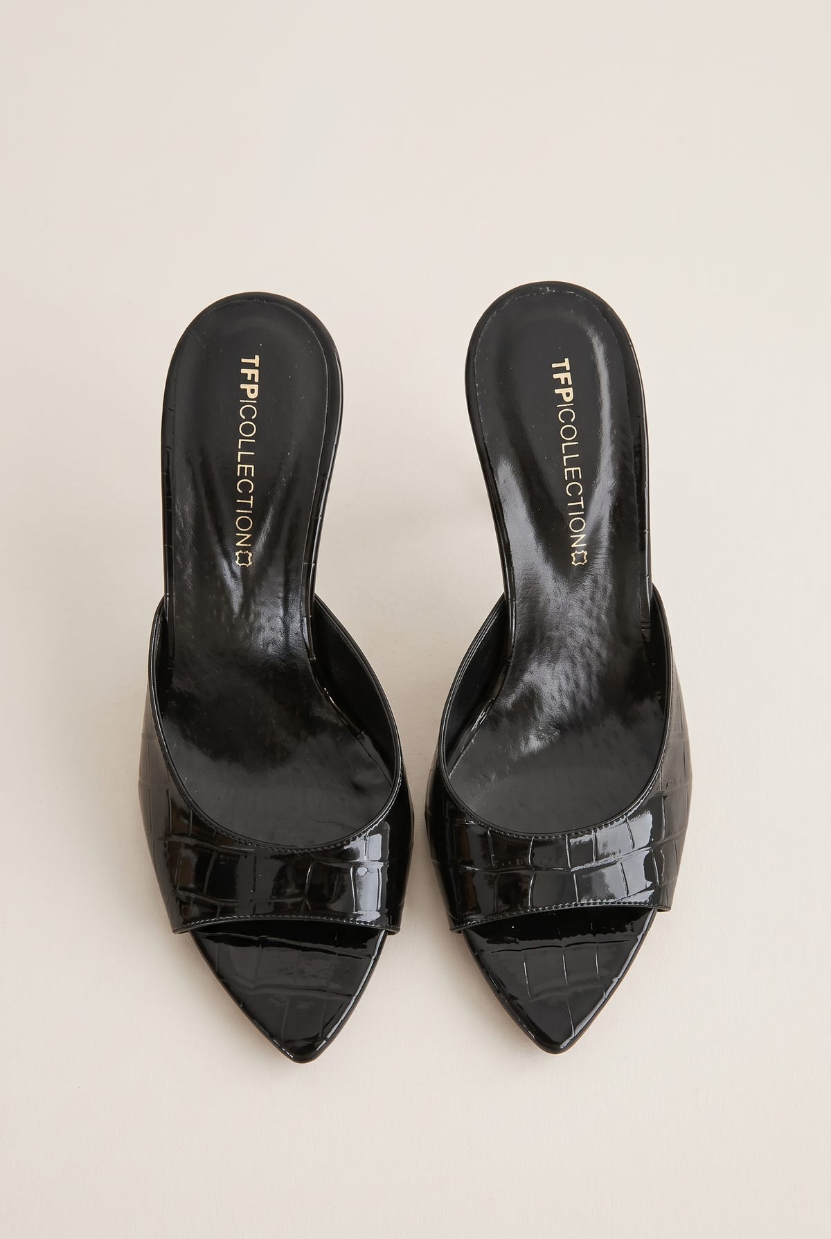 Stiletto Heel Mules Croc Patent - Black Croc Patent