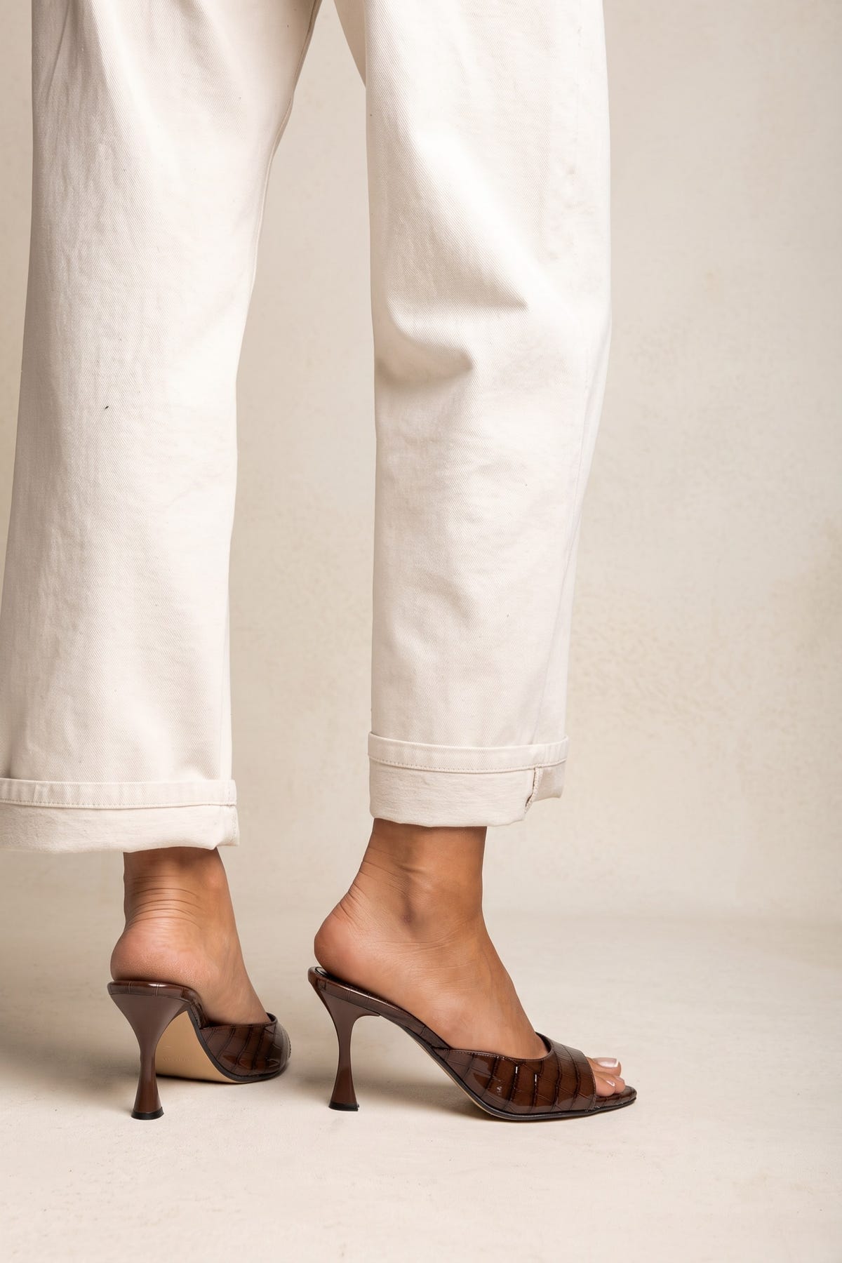 Stiletto Heel Mules Croc Patent - Brown Croc Patent