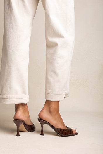 Stiletto Heel Mules Croc Patent - Brown Croc Patent