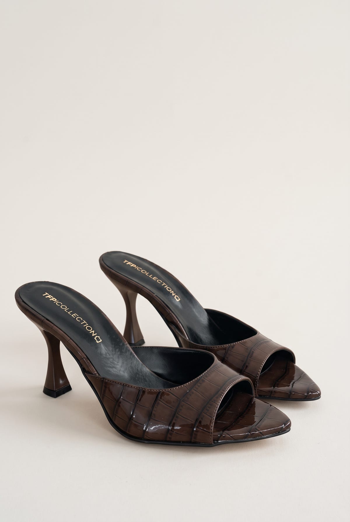 Stiletto Heel Mules Croc Patent - Brown Croc Patent