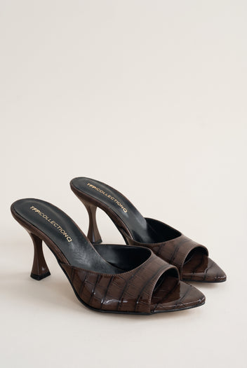 Stiletto Heel Mules Croc Patent - Brown Croc Patent