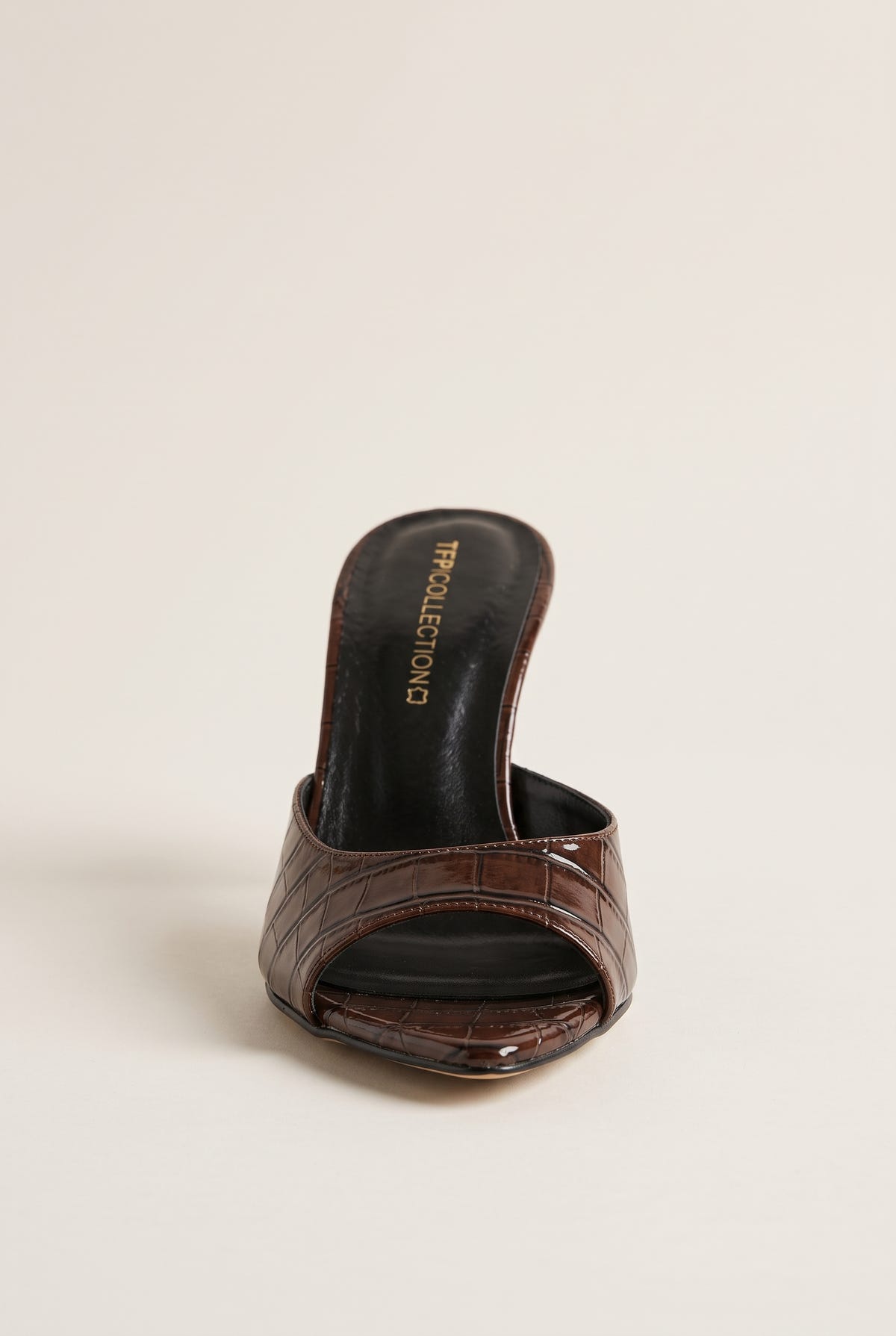 Stiletto Heel Mules Croc Patent - Brown Croc Patent