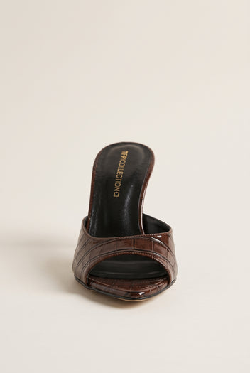 Stiletto Heel Mules Croc Patent - Brown Croc Patent