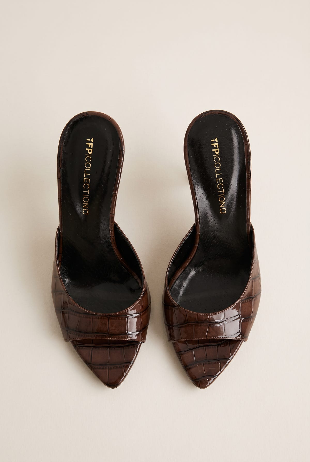 Stiletto Heel Mules Croc Patent - Brown Croc Patent