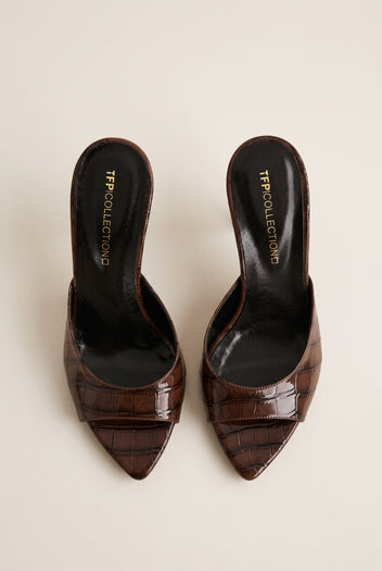 Stiletto Heel Mules Croc Patent - Brown Croc Patent