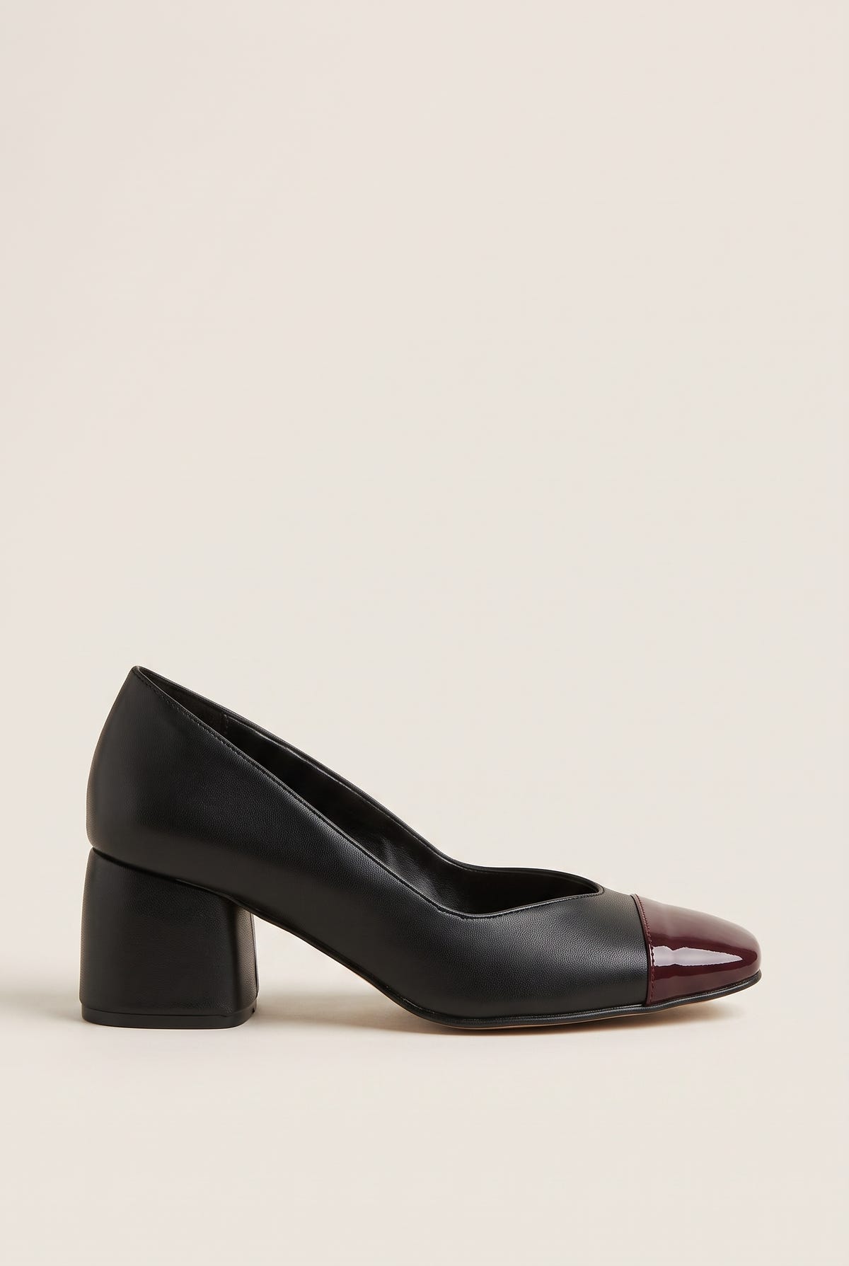 Block Heel Pumps Square Toe - Black M/Bordeaux Pat