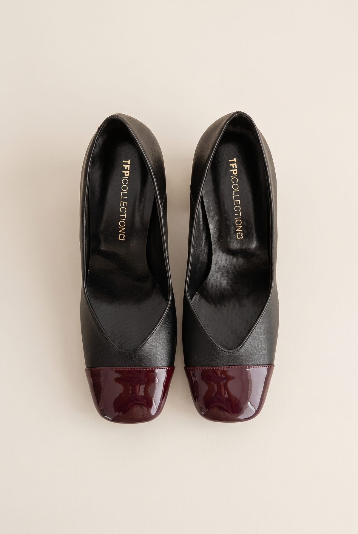 Block Heel Pumps Square Toe - Black M/Bordeaux Pat