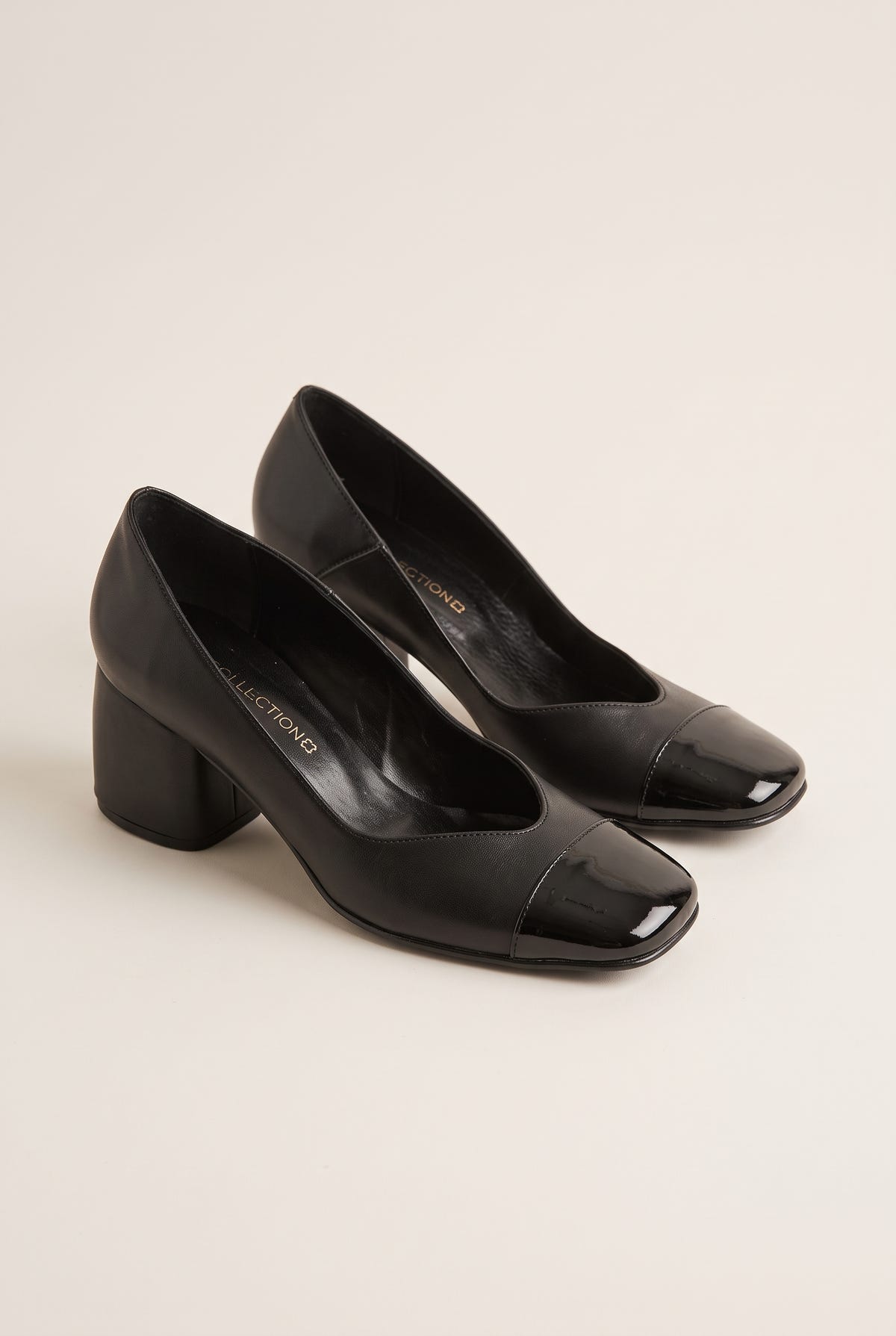 Block Heel Pumps Square Toe - Black M/Black Pat