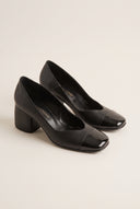 Block Heel Pumps Square Toe - Black M/Black Pat