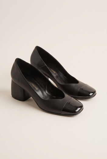 Block Heel Pumps Square Toe - Black M/Black Pat