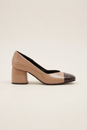Block Heel Pumps Square Toe - Biscuit/Brown Patent