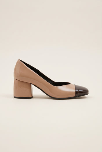 Block Heel Pumps Square Toe - Biscuit/Brown Patent