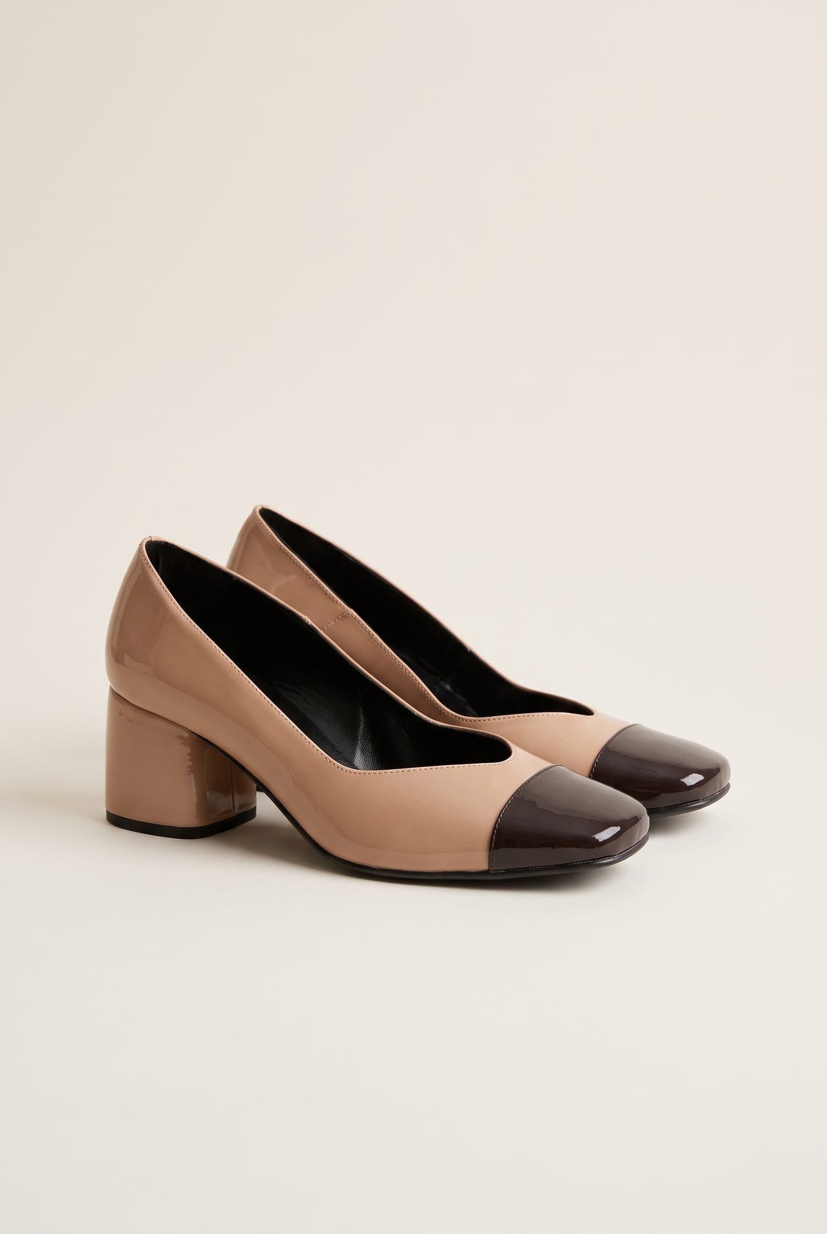 Block Heel Pumps Square Toe - Biscuit/Brown Patent