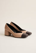 Block Heel Pumps Square Toe - Biscuit/Brown Patent