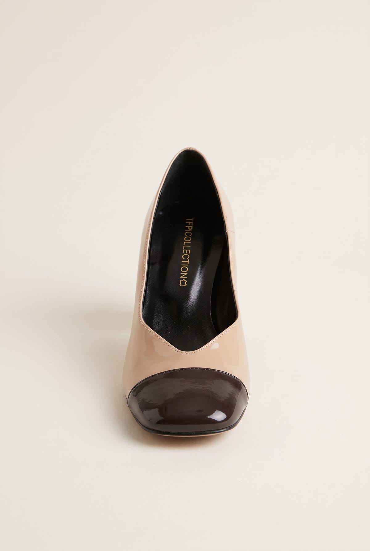 Block Heel Pumps Square Toe - Biscuit/Brown Patent
