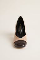 Block Heel Pumps Square Toe - Biscuit/Brown Patent