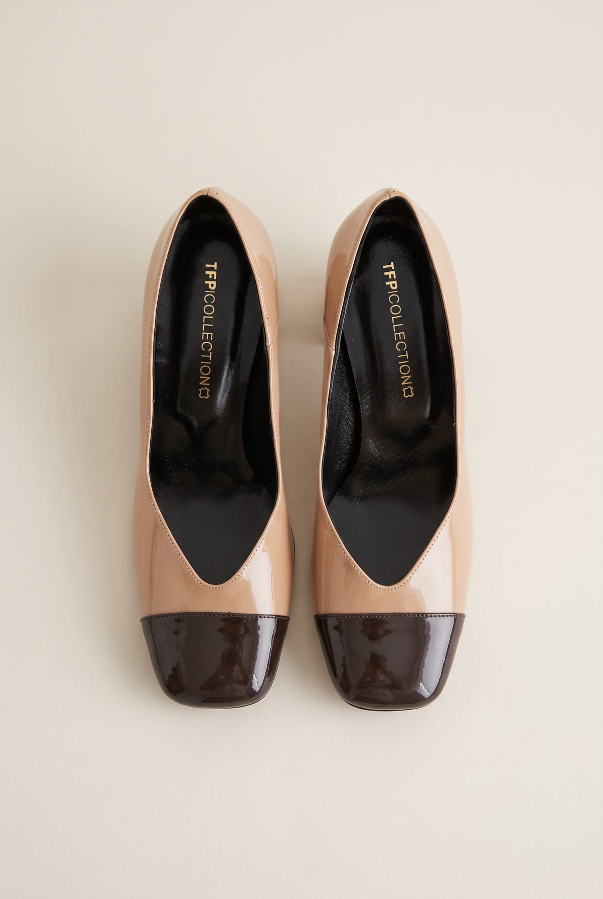 Block Heel Pumps Square Toe - Biscuit/Brown Patent