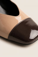 Block Heel Pumps Square Toe - Biscuit/Brown Patent
