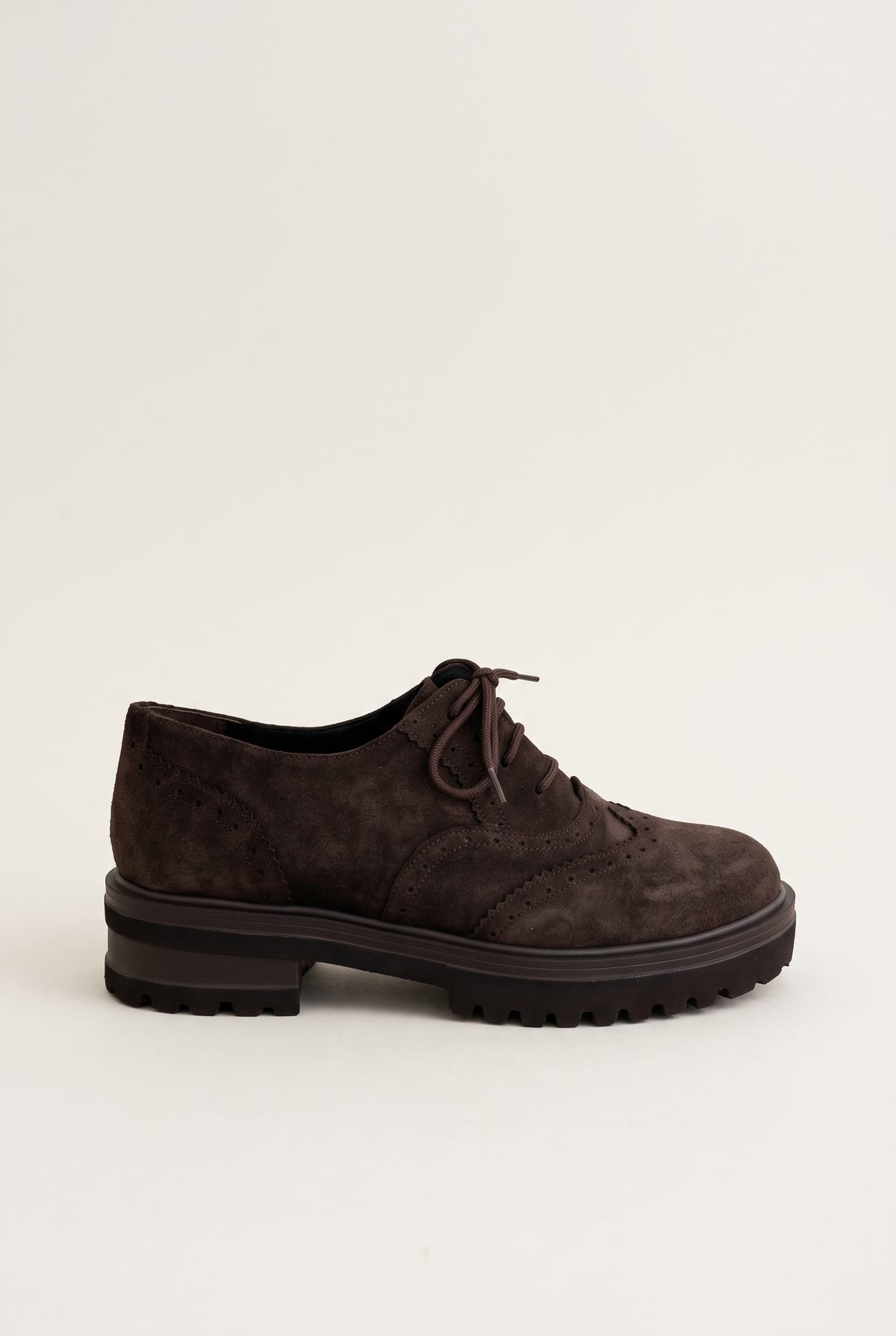 Brogue Lace Up Shoes Chunky Sole - Brown Suede