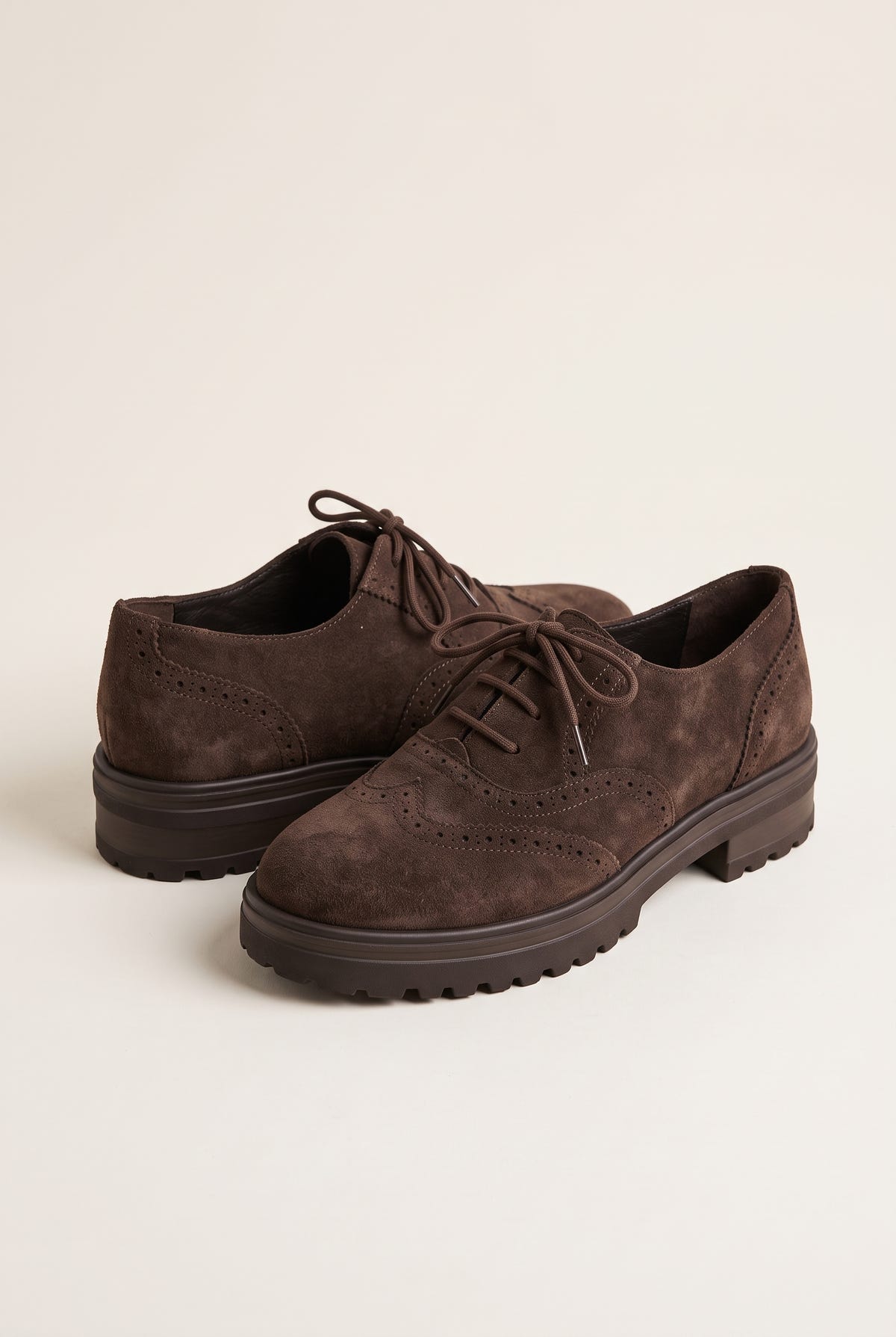 Brogue Lace Up Shoes Chunky Sole - Brown Suede