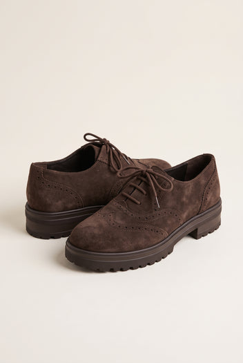 Brogue Lace Up Shoes Chunky Sole - Brown Suede