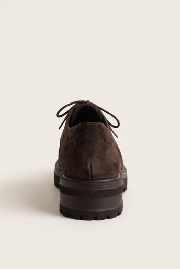 Brogue Lace Up Shoes Chunky Sole - Brown Suede