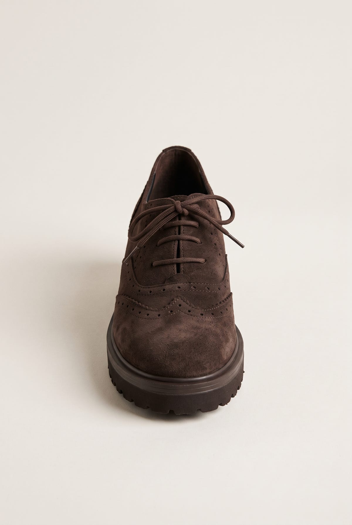 Brogue Lace Up Shoes Chunky Sole - Brown Suede