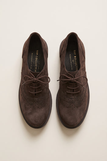 Brogue Lace Up Shoes Chunky Sole - Brown Suede