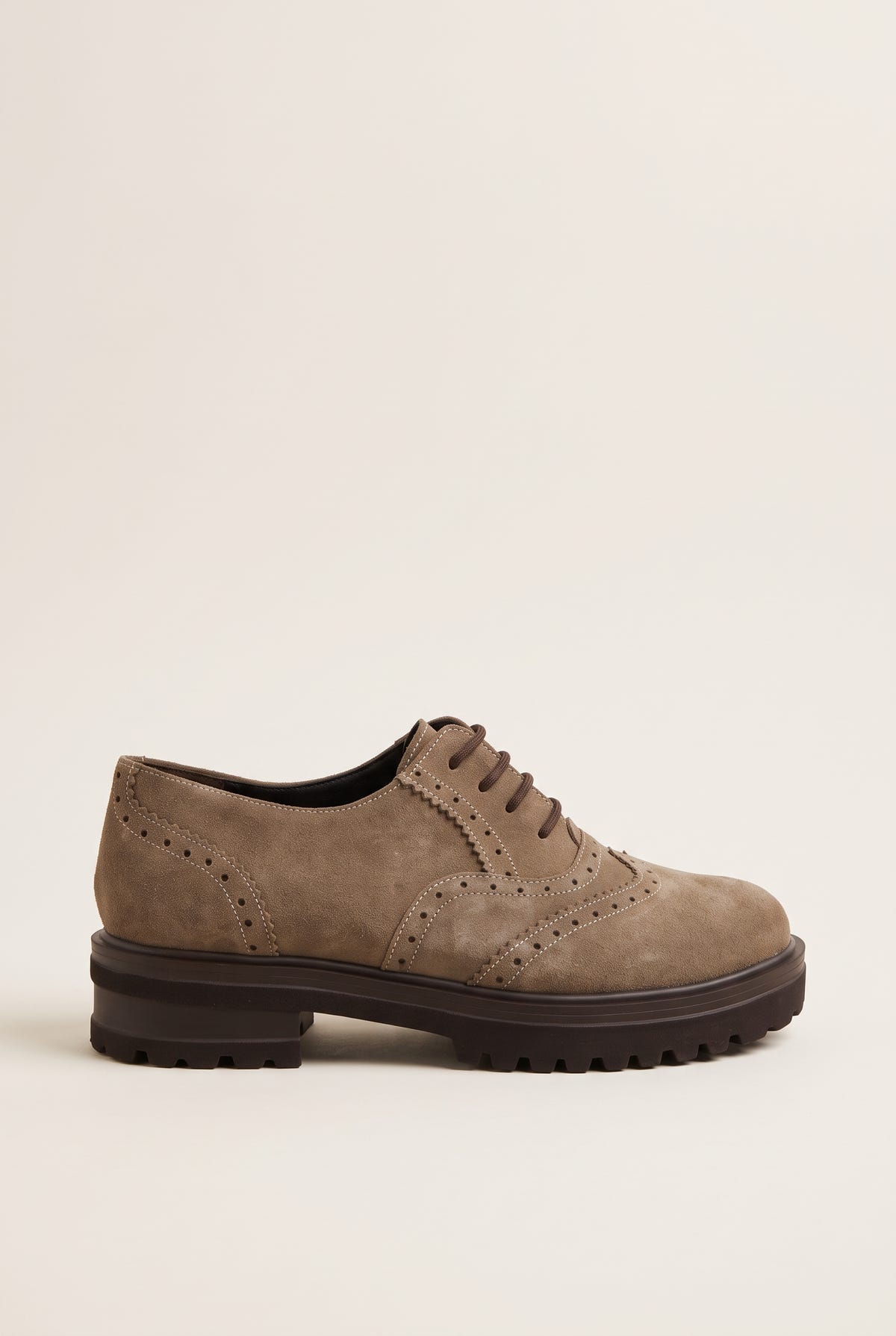 Brogue Lace Up Shoes Chunky Sole - Beige Suede