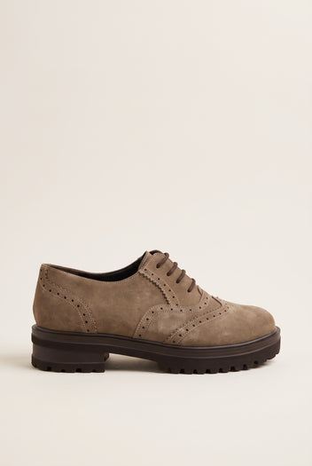 Brogue Lace Up Shoes Chunky Sole - Beige Suede