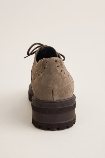 Brogue Lace Up Shoes Chunky Sole - Beige Suede
