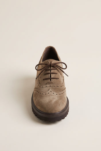 Brogue Lace Up Shoes Chunky Sole - Beige Suede