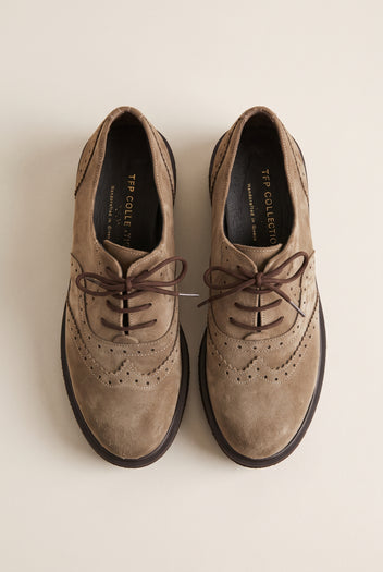 Brogue Lace Up Shoes Chunky Sole - Beige Suede