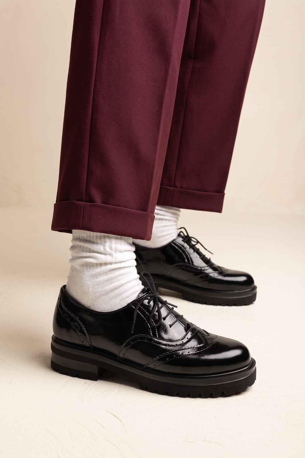 Brogue Lace Up Shoes Chunky Sole - Black Patent