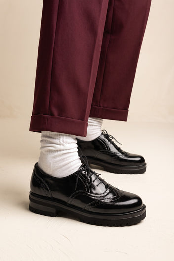 Brogue Lace Up Shoes Chunky Sole - Black Patent