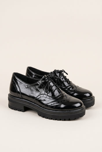 Brogue Lace Up Shoes Chunky Sole - Black Patent