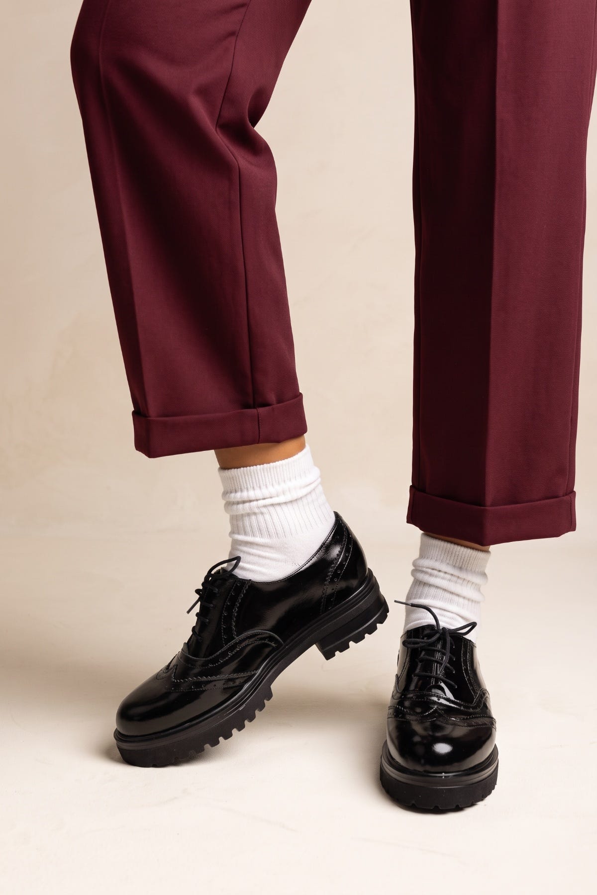 Brogue Lace Up Shoes Chunky Sole - Black Patent