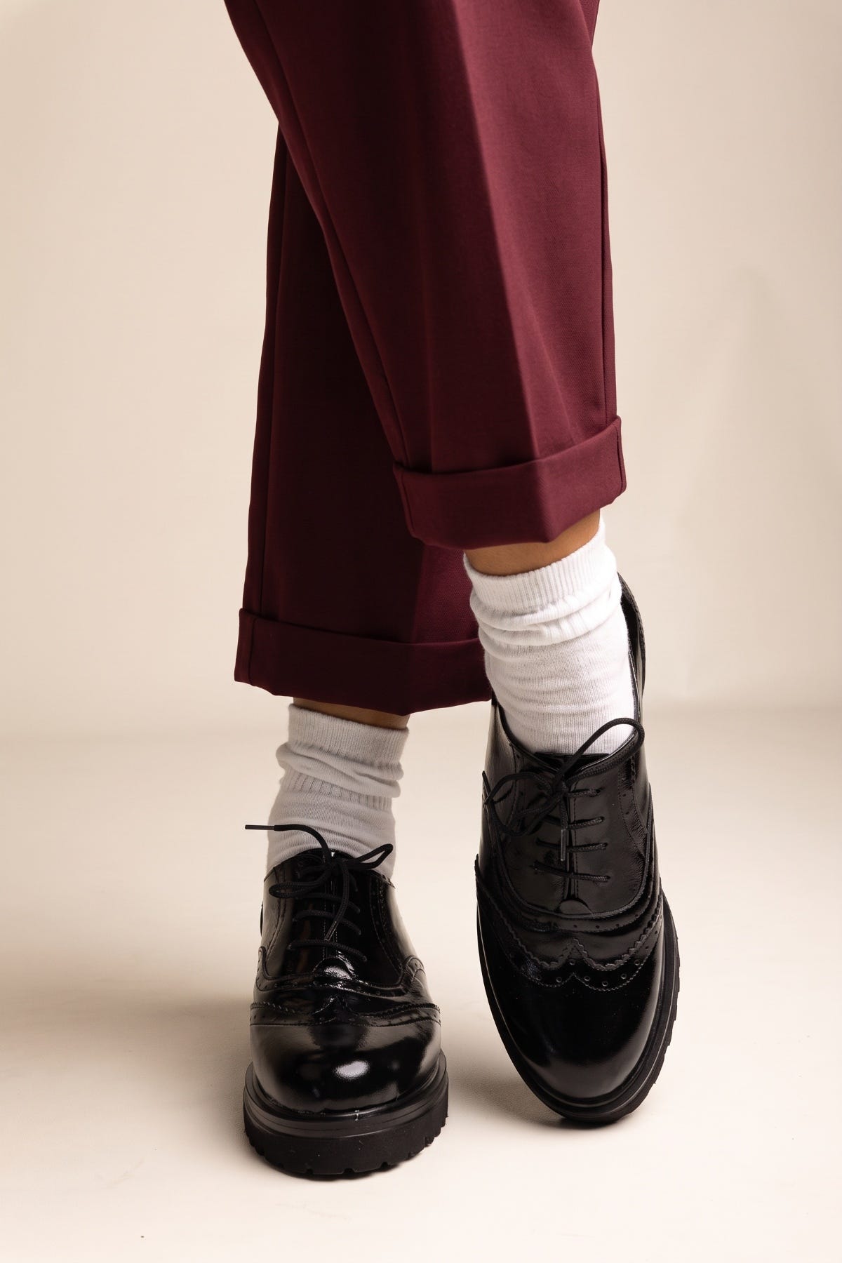 Brogue Lace Up Shoes Chunky Sole - Black Patent
