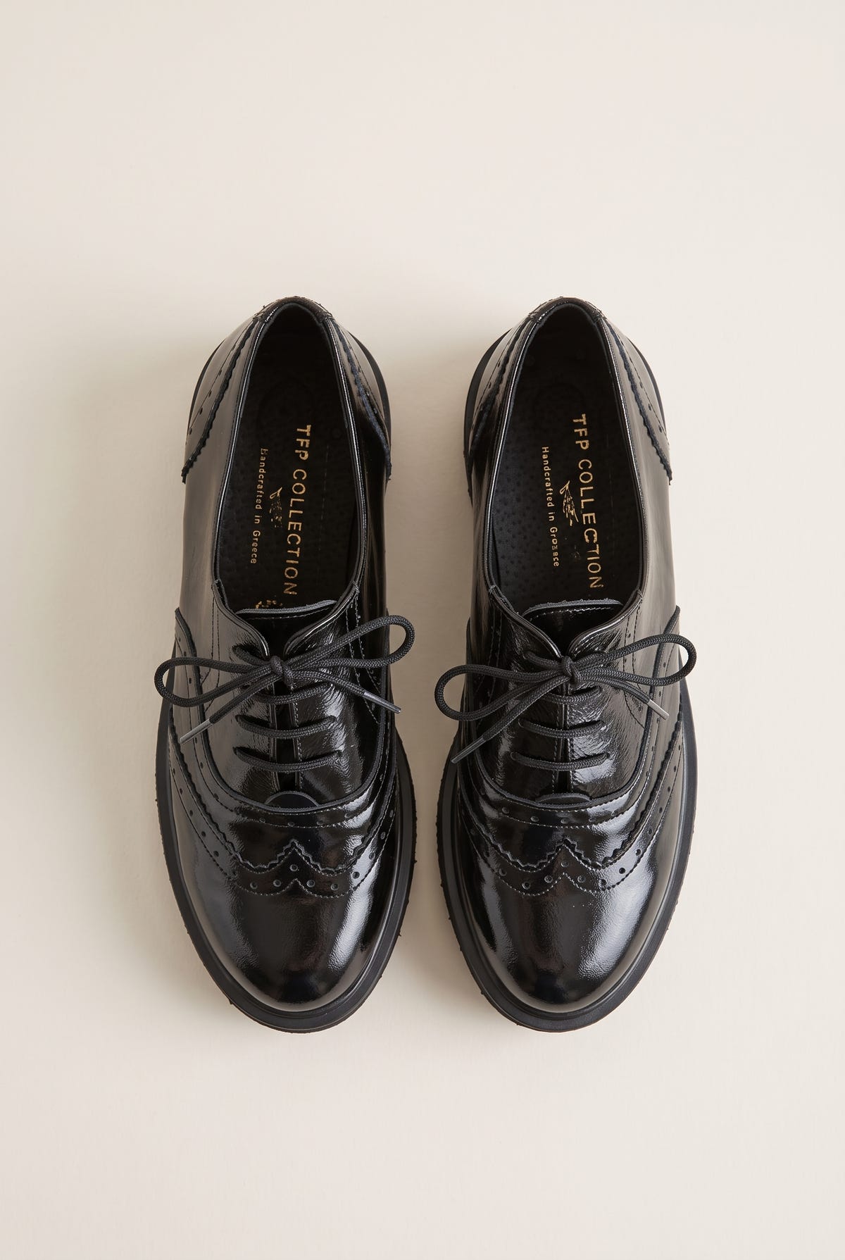 Brogue Lace Up Shoes Chunky Sole - Black Patent