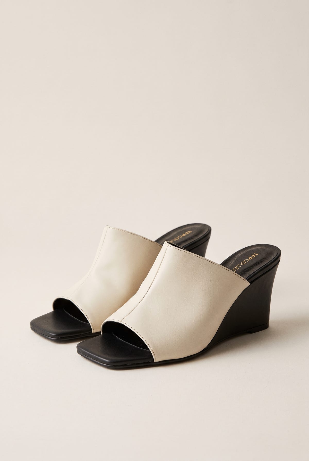 Wedge Heel Mules Square Toe - Beige/Black