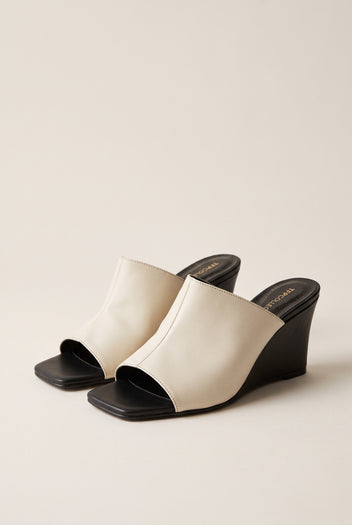 Wedge Heel Mules Square Toe - Beige/Black