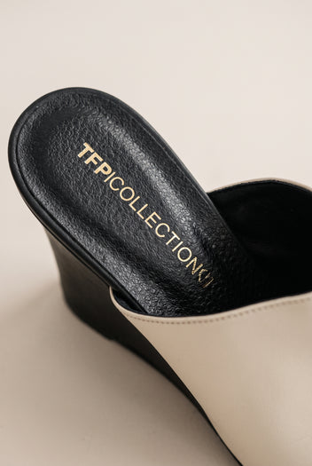 Wedge Heel Mules Square Toe - Beige/Black