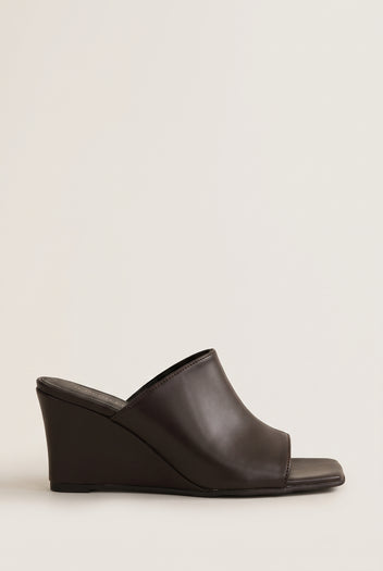 Wedge Heel Mules Square Toe - Brown Matte