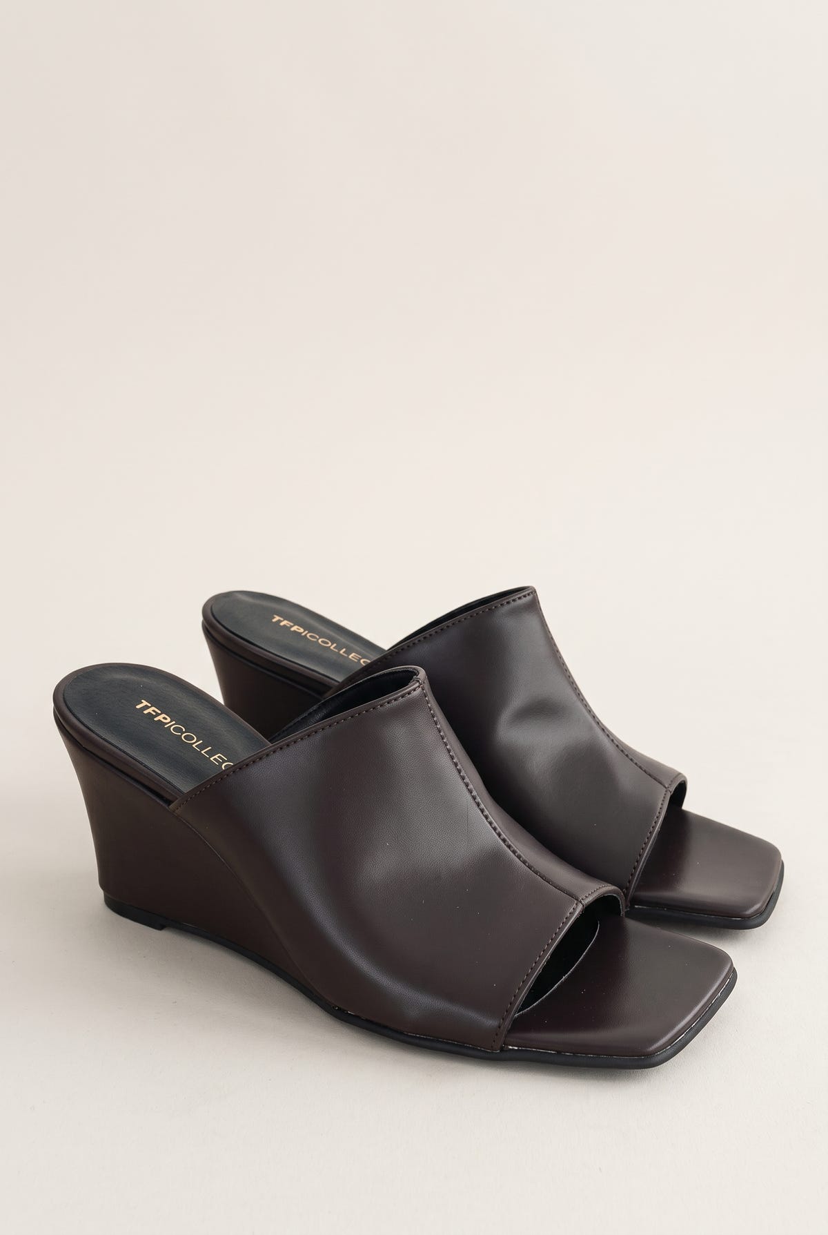 Wedge Heel Mules Square Toe - Brown Matte