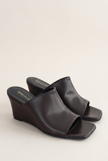 Wedge Heel Mules Square Toe - Brown Matte
