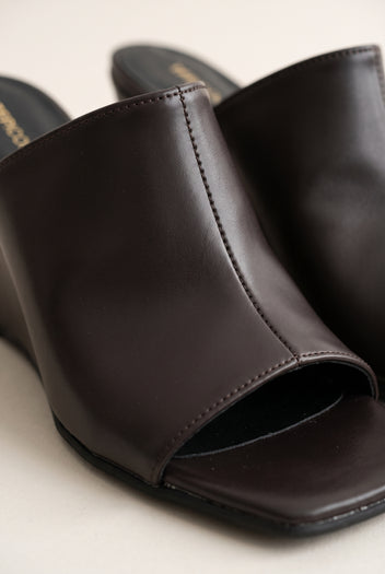 Wedge Heel Mules Square Toe - Brown Matte