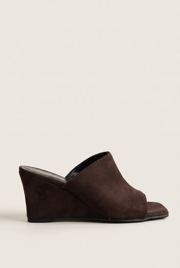 Wedge Heel Mules Square Toe - Brown Suede