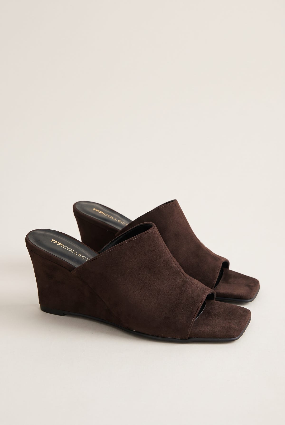 Wedge Heel Mules Square Toe - Brown Suede
